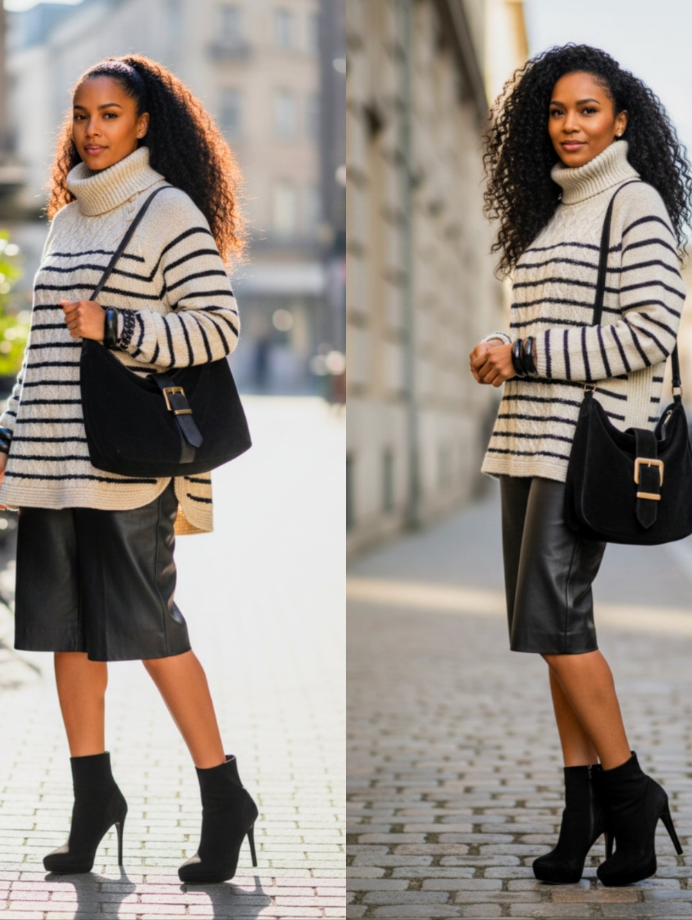 Cream & Black Striped Turtleneck Sweater - Women